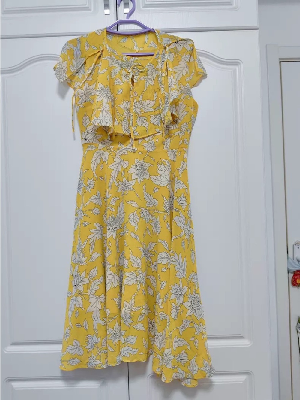Yellow Floral Midi Dress with Flutter Sleeve